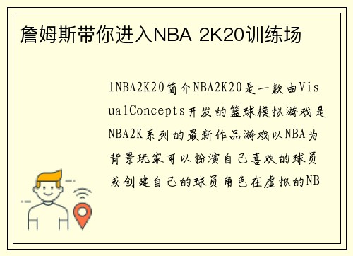 詹姆斯带你进入NBA 2K20训练场