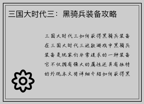 三国大时代三：黑骑兵装备攻略
